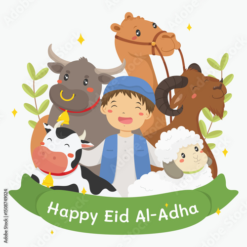 Happy Eid al-Adha Mubarak cartoon vector illustration. Cute flat-style design of a happy Muslim boy with qurban animals cow, goat, sheep, buffalo and camel. Perfect for greeting cards, social media