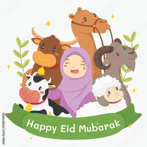 Happy Eid al-Adha Mubarak cartoon vector illustration. Cute flat-style design of a happy Muslim boy with qurban animals cow, goat, sheep, buffalo and camel. Perfect for greeting cards, social media