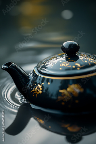 Tilt-shift photography features a close-up of a black ceramic teapot, with an intricate gold-tone lid, partially submerged in water, capturing detailed reflections and a serene atmosphere.
