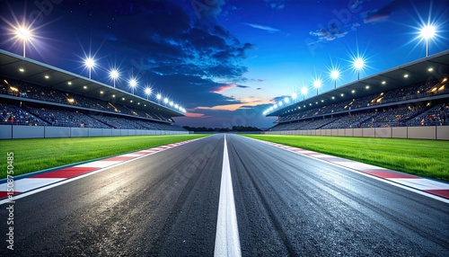Custom AI ModelAsphalt racing track finish line and illuminated race sport stadium at night
