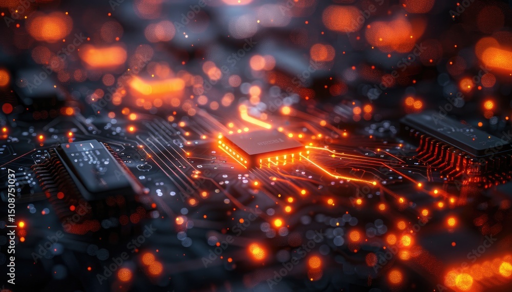 Close-up view of a circuit board with glowing components. Close-up view of a circuit board with glowing components.