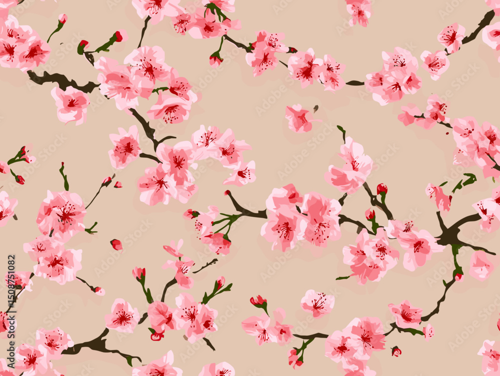 Fototapeta premium cherry blossom, flower, pattern, floral, seamless, vector, illustration, nature, spring, blossom, design, wallpaper, decoration, flowers, pink, cherry, tree, art, leaf, beauty, plant, texture, branch,