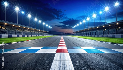Custom AI ModelAsphalt racing track finish line and illuminated race sport stadium at night