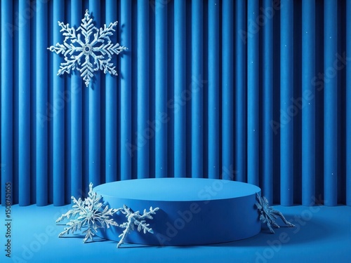 Blue Winter Scene with Snowflakes and Podium