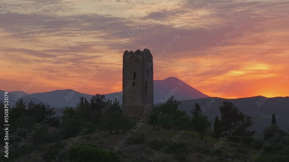 A dramatic view of a rock tower standing on a hilltop during sunset, silhouetted against a vivid orange sky. A timeless and powerful landscape scene A dramatic view of a rock tower standing on a hilltop during sunset, silhouetted against a vivid orange sky. A timeless and powerful landscape scene