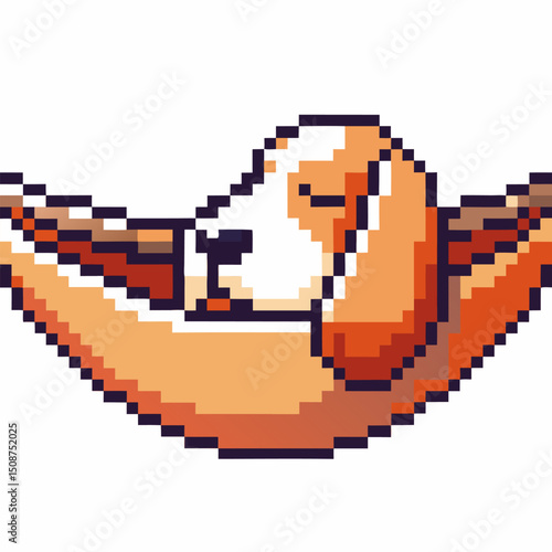 pixel art dog relaxing in hammock cute style, playful animal illustration retro video game inspiration