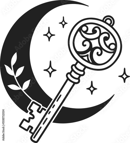 decorative key with celtic design, crescent moon, and stars symbolizing mystery and dreams