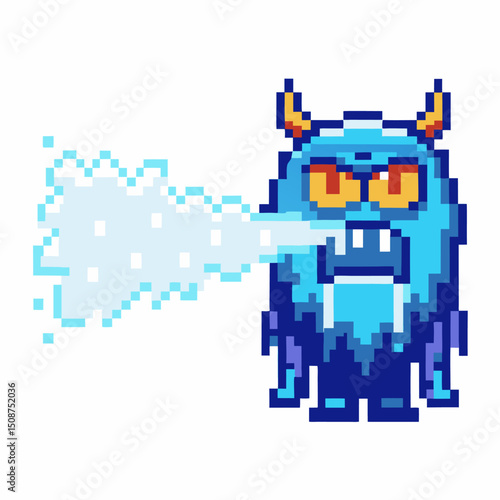 pixel ice monster breathing frost retro game style, blue creature with horns in action