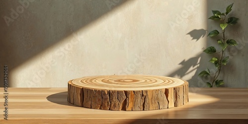 Wallpaper Mural Wooden Podium in Sunlit Room with Green Plant Torontodigital.ca