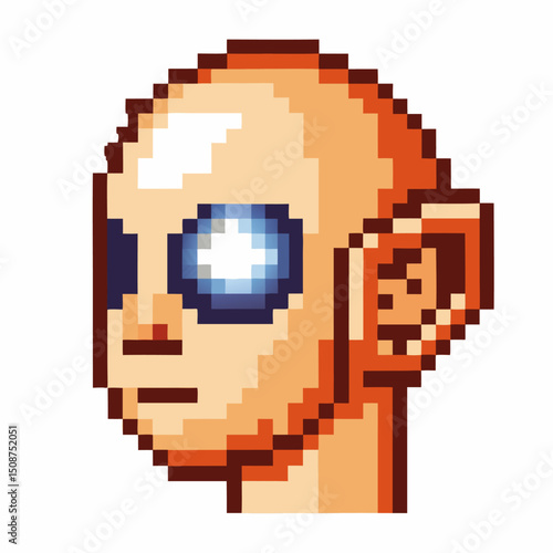 Pixel art futuristic character with glowing eyes, geometric style, digital illustration