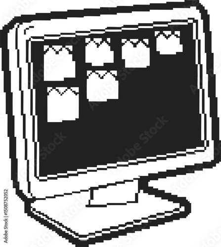 retro pixel art computer with file icons vintage digital nostalgia and monochrome screen graphics