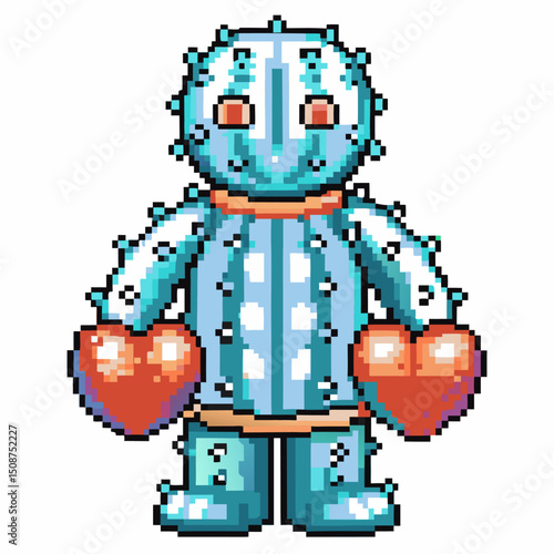 pixel art cactus character with heart gloves, retro gaming design
