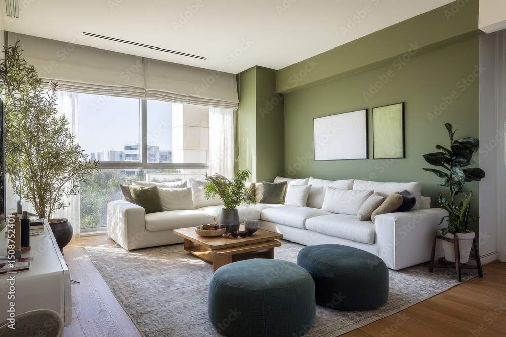 Fototapeta premium Modern living room with sage green walls and natural elements.