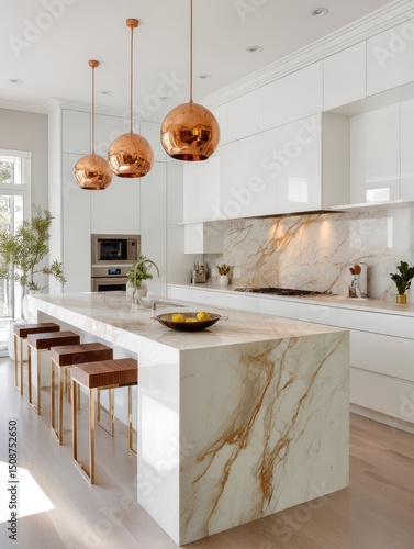 Modern kitchen island with copper pendant lights and beige marble countertop.