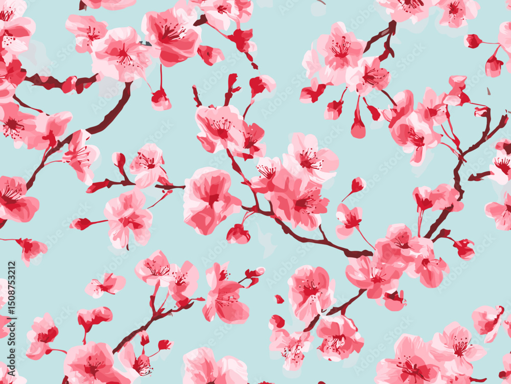 Fototapeta premium cherry blossom, flower, pattern, floral, seamless, vector, illustration, nature, spring, blossom, design, wallpaper, decoration, flowers, pink, cherry, tree, art, leaf, beauty, plant, texture, branch,