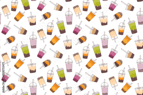 Tapioca pearls boba tea seamless pattern. Bubble tea cups. Vector illustration