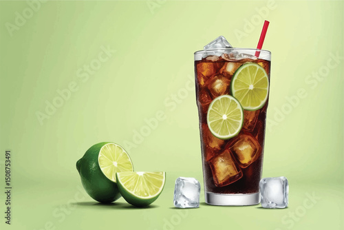 Refreshing Cola Drink with Lime and Ice