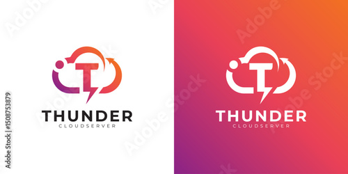 Modern cloud computing logo with gradient, arrow, and lightning bolt design