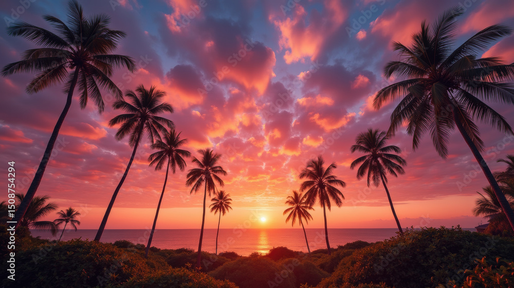 Stunning sunset over ocean, framed by tall palm trees, creates serene and picturesque scene. vibrant colors of sky reflect tranquil atmosphere Stunning sunset over ocean, framed by tall palm trees, creates serene and picturesque scene. vibrant colors of sky reflect tranquil atmosphere
