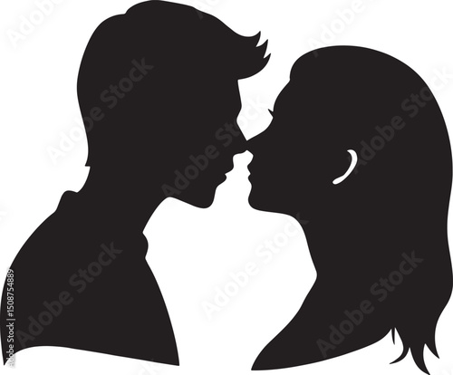 Timeless Silhouette: A tender, intimate portrait of a couple on the cusp of a kiss. Two figures stand together, their silhouettes a beautiful representation of love and connection.