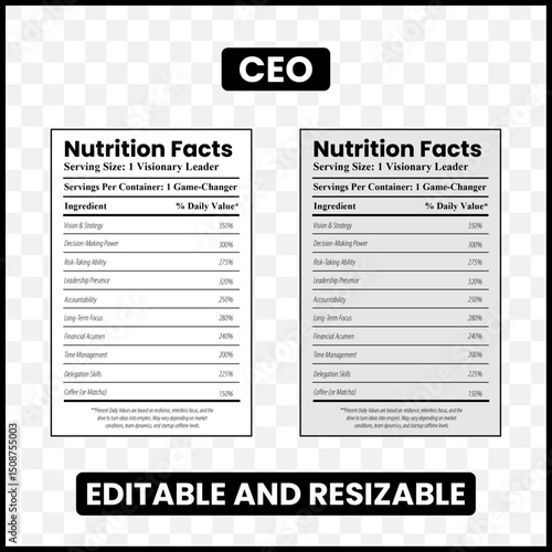 CEO nutrition facts
Chief Executive Officer label
Business leader nutrition facts
Funny CEO label
Executive nutrition labl
Leadership nutrition facts
Mock nutrition facts
CEO humor label


