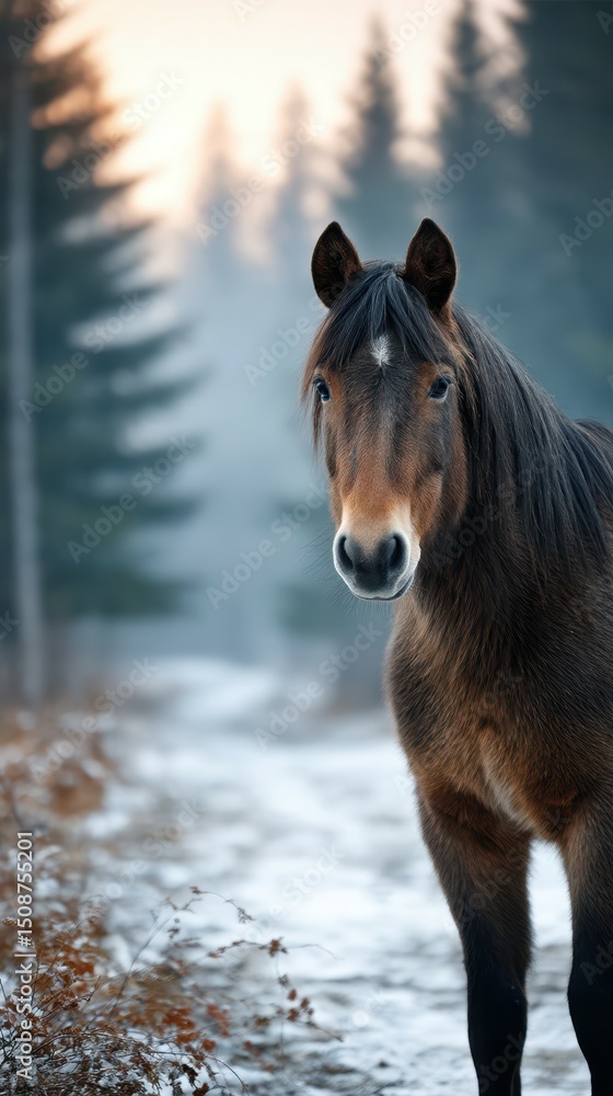 Brown horse standing calmly on a snow-covered trail in a misty forest during early morning light in winter Brown horse standing calmly on a snow-covered trail in a misty forest during early morning light in winter