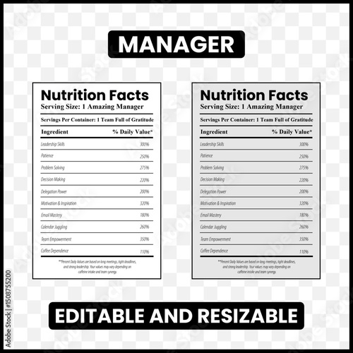 Manager nutrition facts
Boss nutrition label
Funny manager label
Leadership nutrition facts
Office manager infographic
Workplace nutrition label
Mock nutrition facts
Team leader nutrition facts