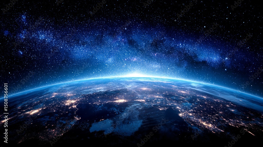 Fototapeta premium Earth At Night From Space With City Lights