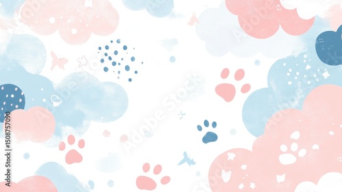 Pastel pink and blue watercolor clouds, paw prints, and stars background.