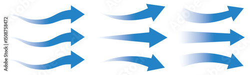 Air flow arrows set. Set of blue arrow showing wind air flow. Vector set of air flow arrows. Blue air flow arrows showing wind circulation and ventilation. Set of blue arrows showing cold air 