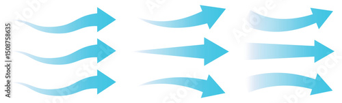 Air flow arrows set. Set of blue arrow showing wind air flow. Vector set of air flow arrows. Blue air flow arrows showing wind circulation and ventilation. Set of blue arrows showing cold air 