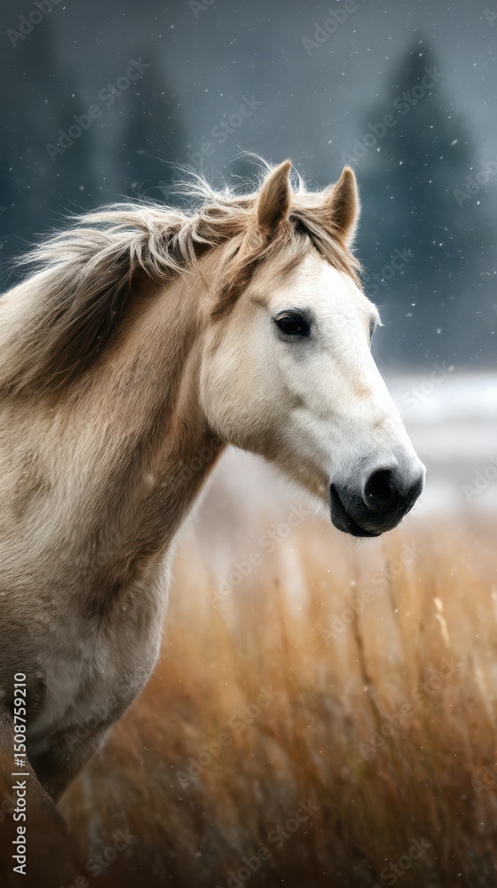 Obraz premium Wild horse galloping through golden grass with snowflakes falling in a remote landscape during winter