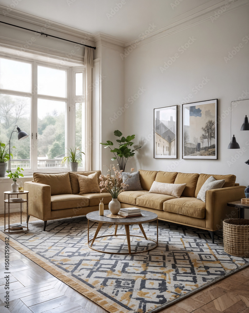 Fototapeta premium Living room centered around an olive-colored sofa on a diamond-patterned rug