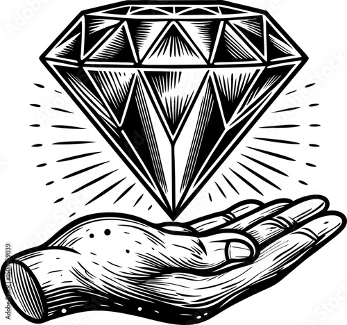 intricate diamond above open hand, vintage illustration symbol of wealth, luxury and craftsmanship, shining lines detailing brilliance and refinement