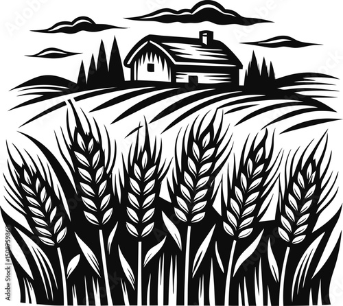 rustic farm landscape wheat field panorama, black and white countryside barn, harvest season illustration
