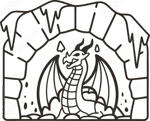 Illustrated dragon in a cave with stalactites and stones