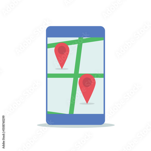 Mobile phone with geolocation map illustration. Perfect for app and travel themes.