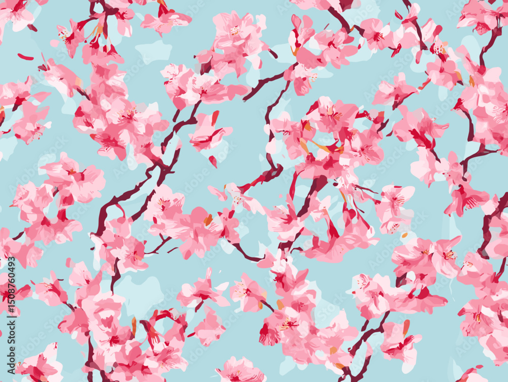 Fototapeta premium cherry blossom, flower, pattern, floral, seamless, vector, illustration, nature, spring, blossom, design, wallpaper, decoration, flowers, pink, cherry, tree, art, leaf, beauty, plant, texture, branch,