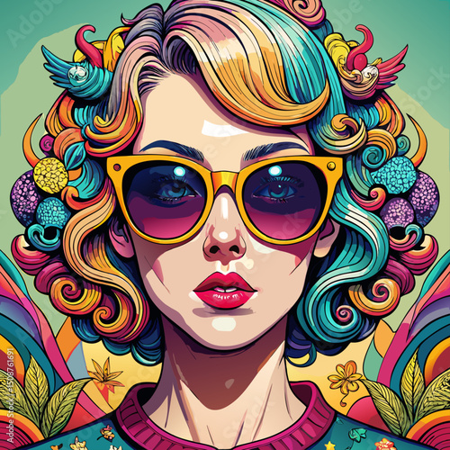 Colorful illustrated portrait of a woman with sunglasses and curly hair  