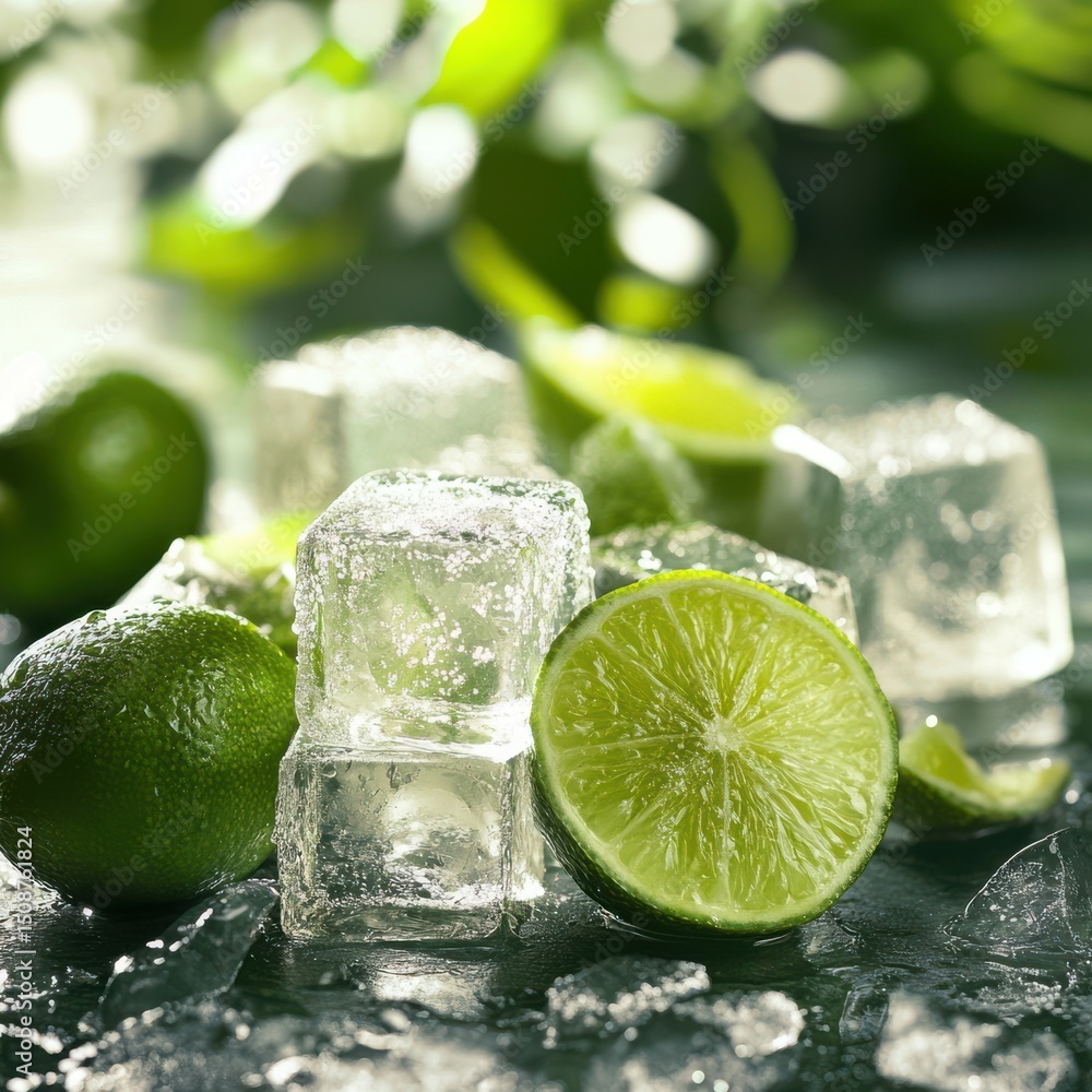 Fresh limes and icy cubes create a refreshing summer drink setup in a natural environment Fresh limes and icy cubes create a refreshing summer drink setup in a natural environment