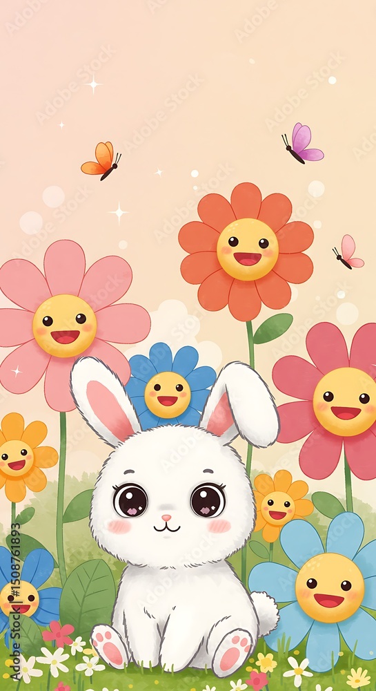 Cute Cartoon White Rabbit in Colorful Flower Garden with Smiling Flowers and Butterflies. Pastel Spring Background Illustration. ForMobile Wallpaper. Cute Cartoon White Rabbit in Colorful Flower Garden with Smiling Flowers and Butterflies. Pastel Spring Background Illustration. ForMobile Wallpaper.