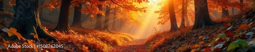 Vibrant orange hues dominate this lush forest scene, sunlight filtering through leaves casting dappled shadows on the rich undergrowth A tranquil and colorful natural landscape , forest, serene