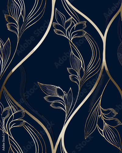Floral pattern design with gold accents on dark blue background  