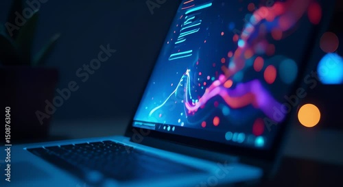 image shows laptop computer sitting top desk next plant blurred background laptop open screen