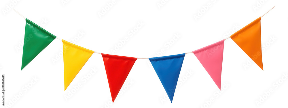 Fototapeta premium Colorful triangular pennant flags in green, yellow, red, blue, pink, and orange are hanging in a festive arrangement on transparent background.