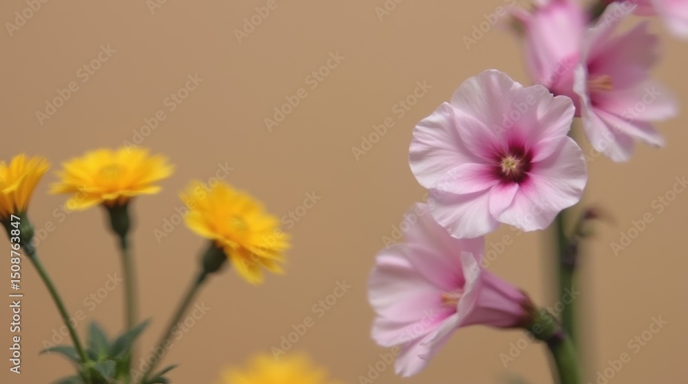 Fototapeta premium Delicate pink foxglove and vibrant yellow marigold in a soft brown background for floral design