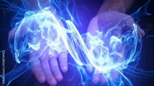 Hands holding glowing energy ball with blue plasma effect for magical concept