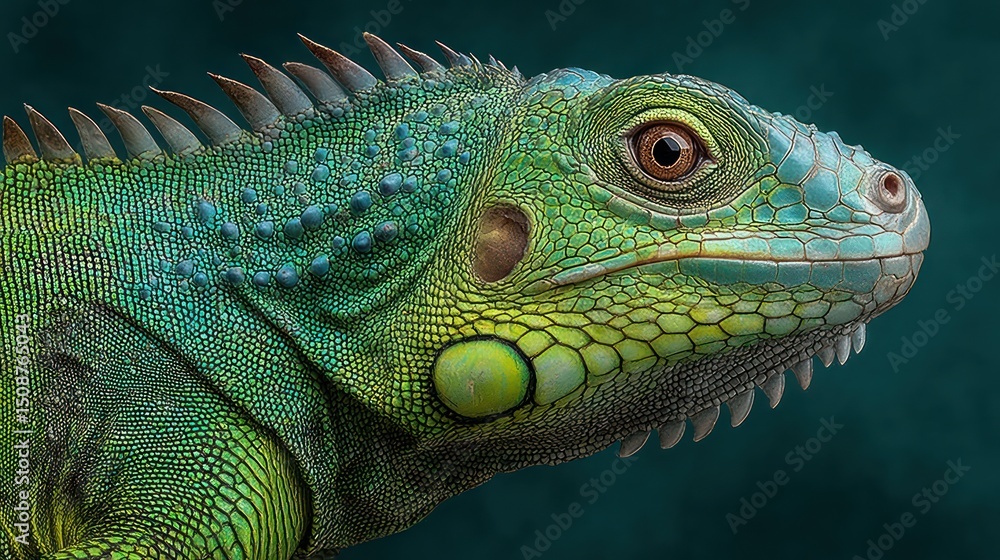 Fototapeta premium Detailed Close-Up of a Vibrant Green Iguana Head, Revealing Scaly Texture