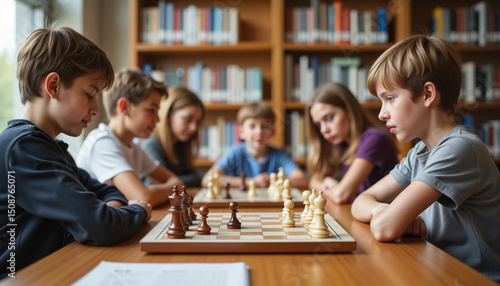 Group of children playing chess in school library

