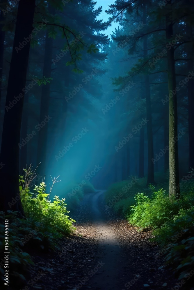 Fototapeta premium A powerful LED flashlight beam cuts through the darkness, illuminating a mysterious, shadowy forest path The flashlight is held at a slight angle, highlighting texture and depth , bright, beam